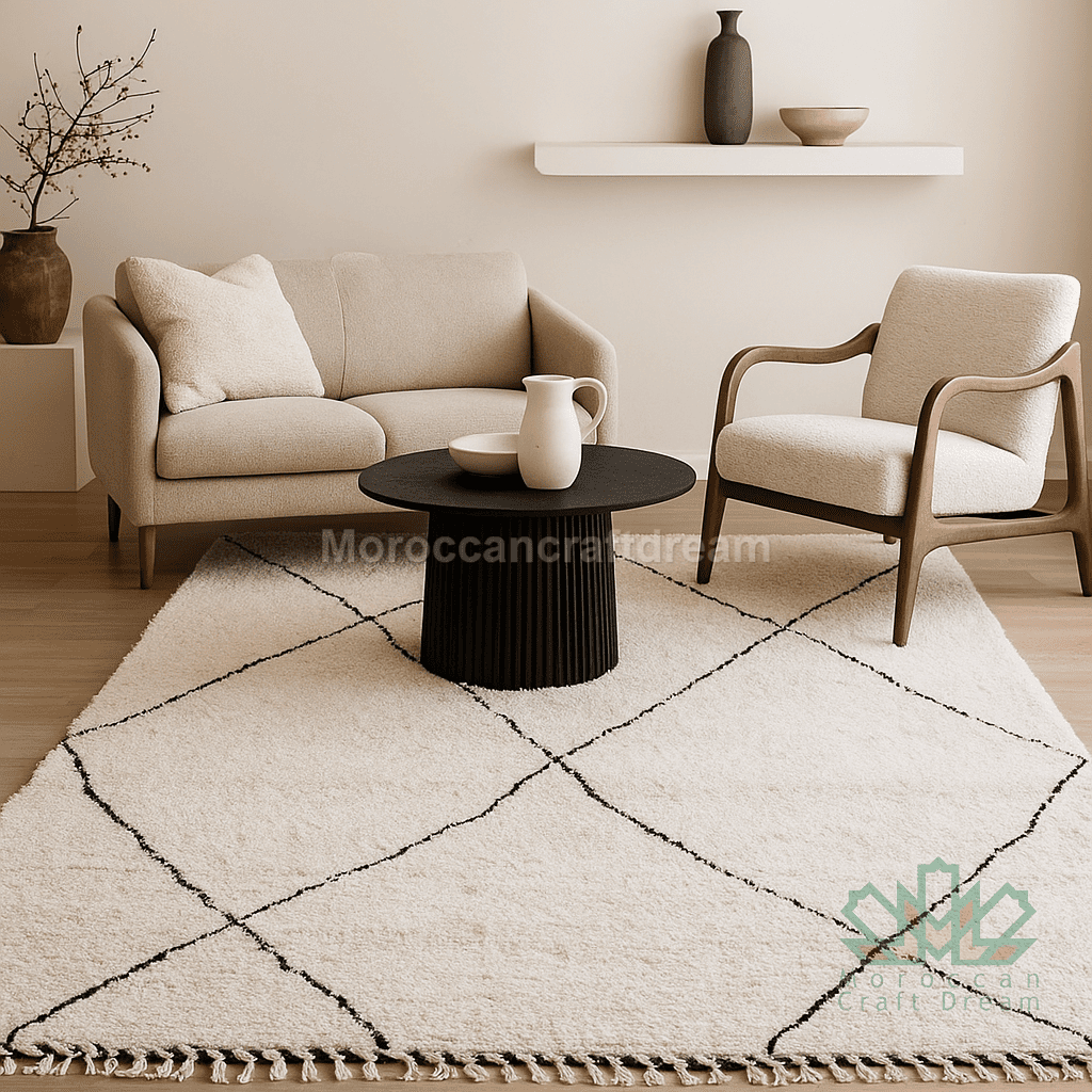 beautiful berber rug white black in a living room with cream white effect