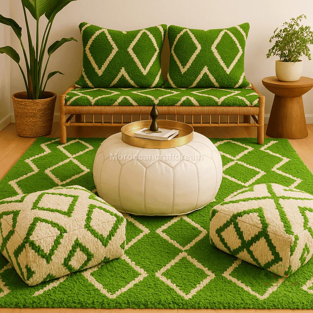 Green and beige patterned cushions on a sofa with a matching rug and decorative items.
