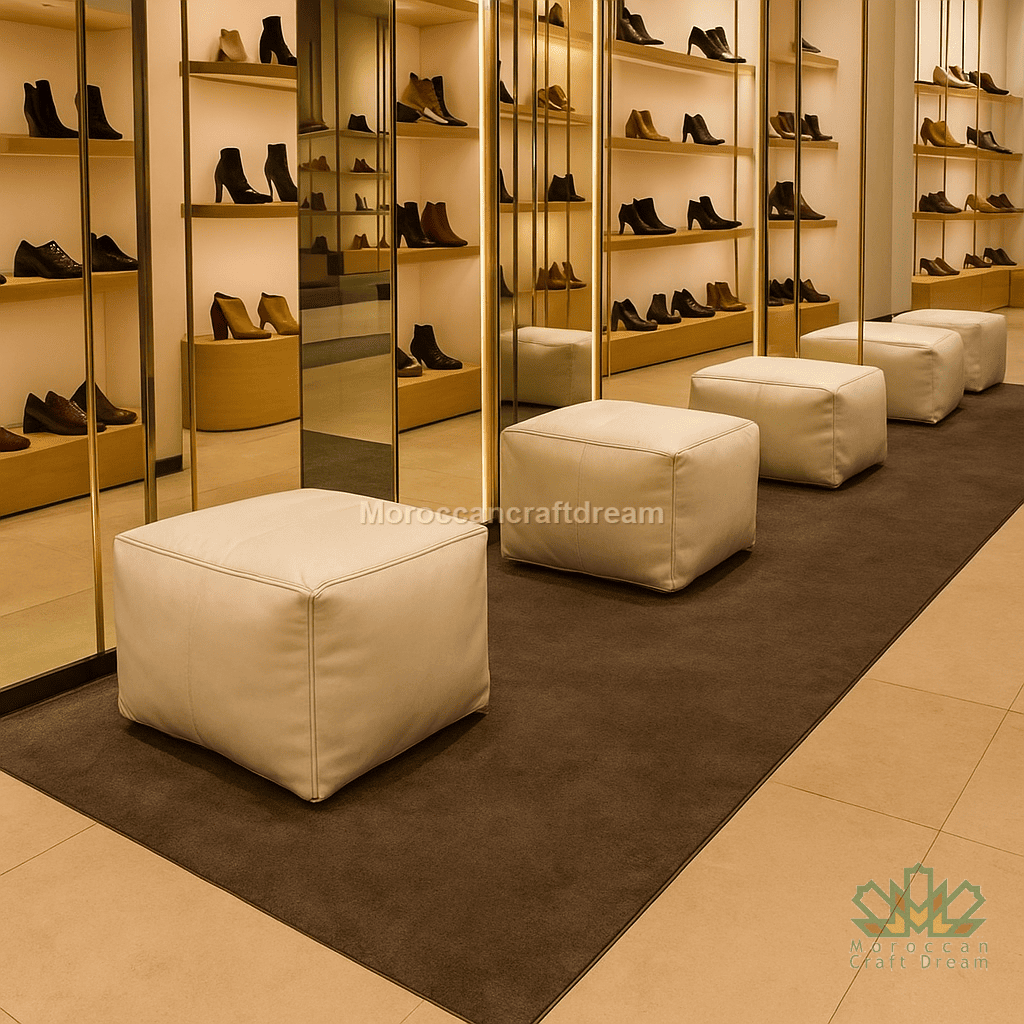 Shoe display with white ottomans in a store setting, shoes shopping