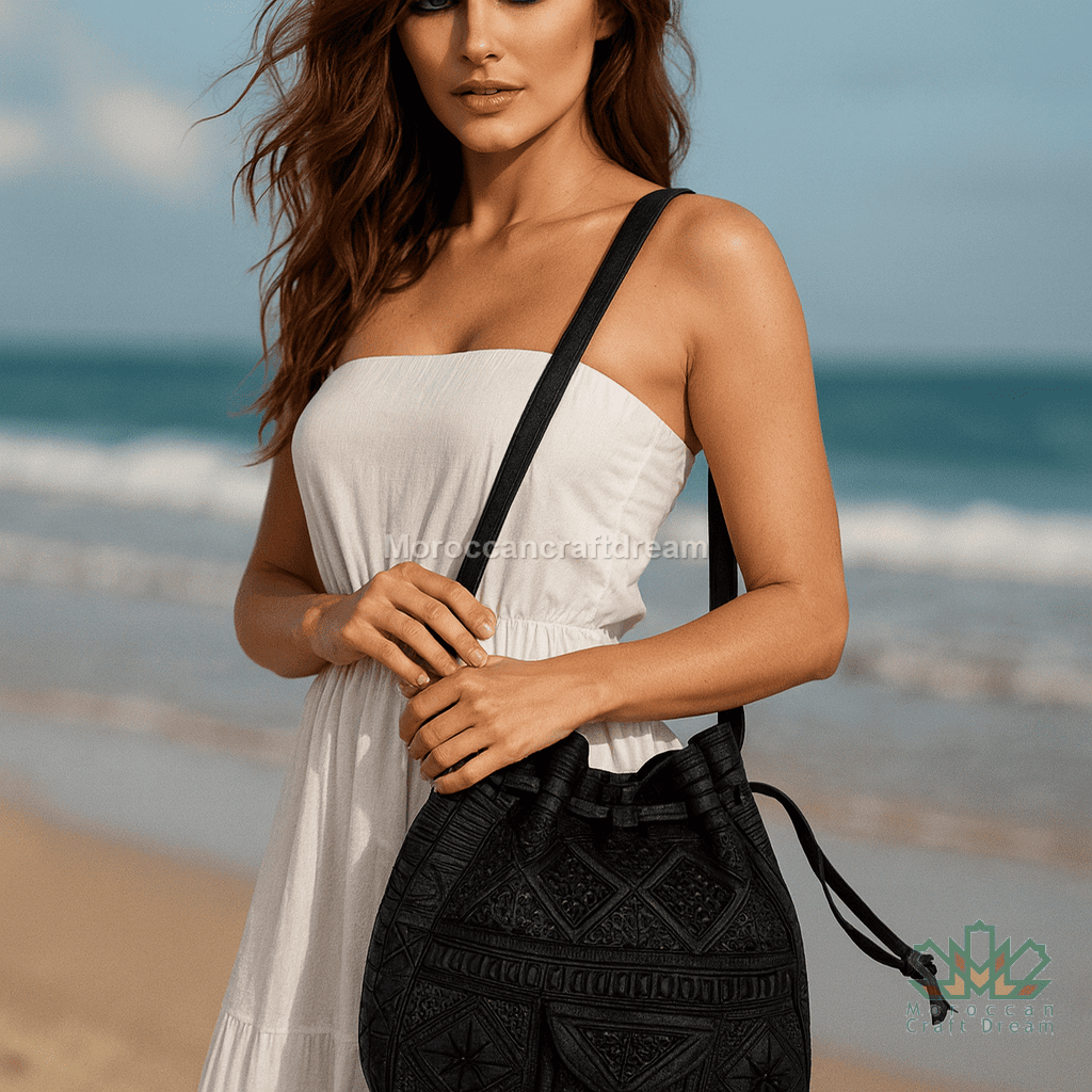 Woman holding a black bag on a beach with ocean in the background