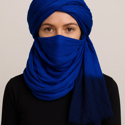 Person wearing a blue headscarf and face covering against a neutral background