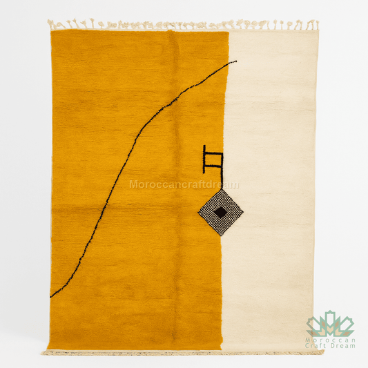 Rug with geometric design on a white background, featuring the brand 'Moroccan Crafted'.