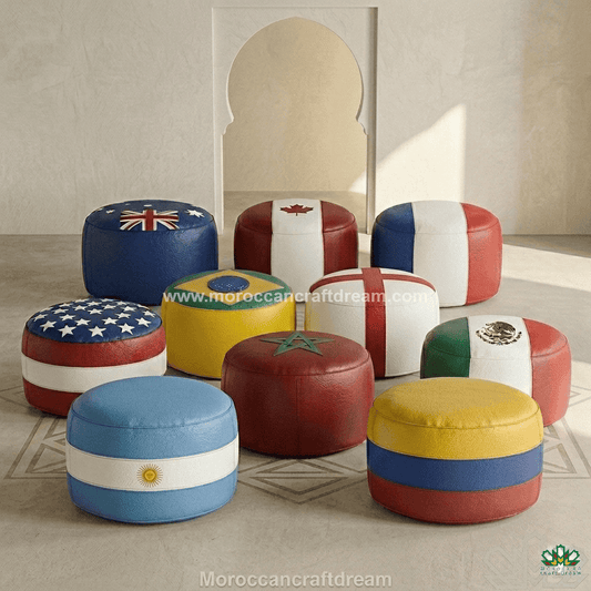 Colorful ottomans with international flag designs in a room setting.