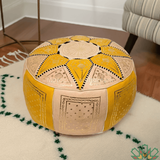 handcrafted moroccan yellow leather pouf 