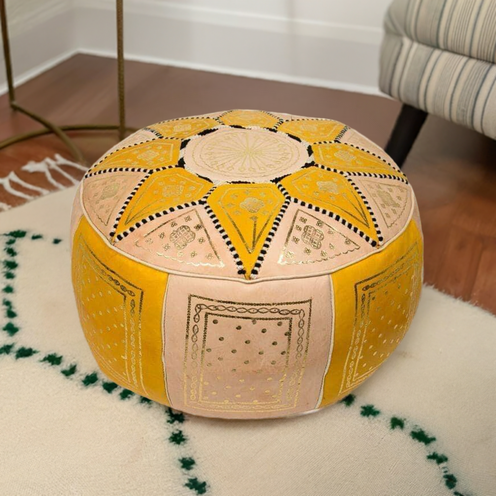 handmade moroccan yellow leather pouf 