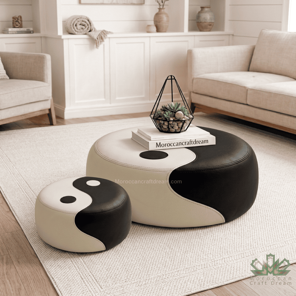 Two round pouf ottomans with a black and cream yin-yang design, styled in a bright, modern living room setting.