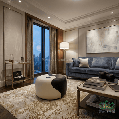 A luxury modern living room featuring a blue velvet sofa, a round black and white yin-yang ottoman, a gold-framed coffee table, and a large abstract painting on the wall.