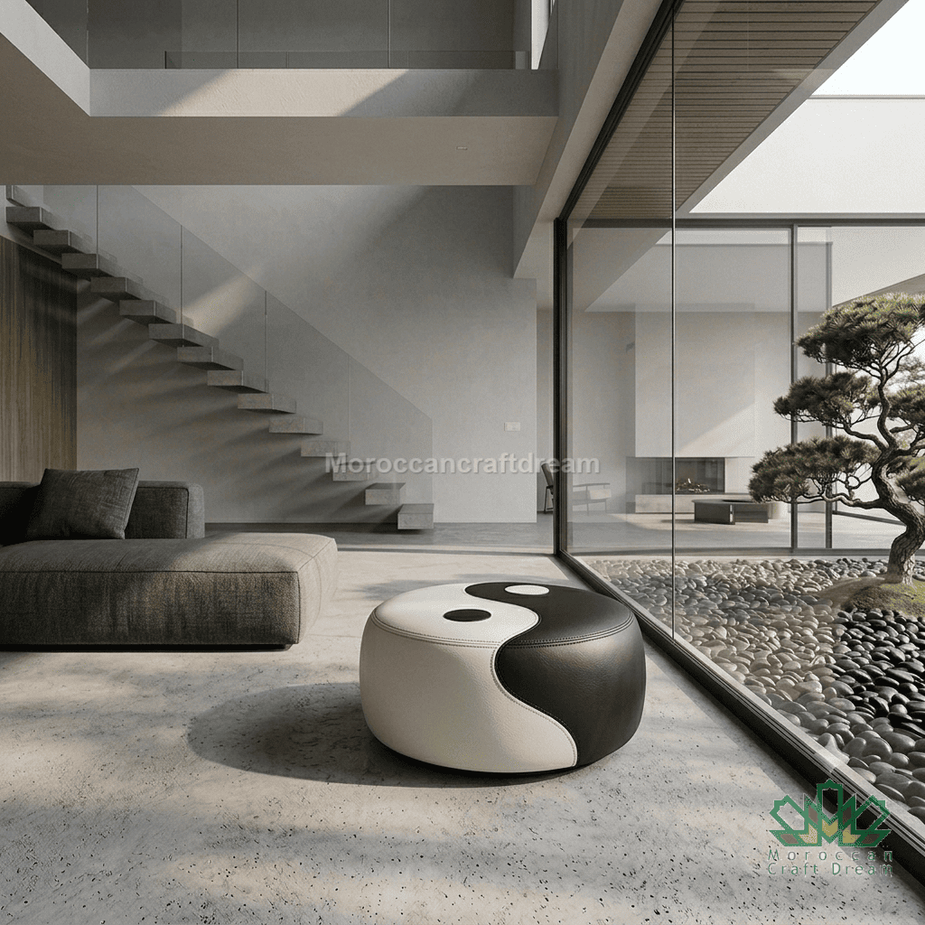 A modern round pouf ottoman with a black and white yin-yang design, placed in a minimalist contemporary living room with a glass wall overlooking a zen garden.