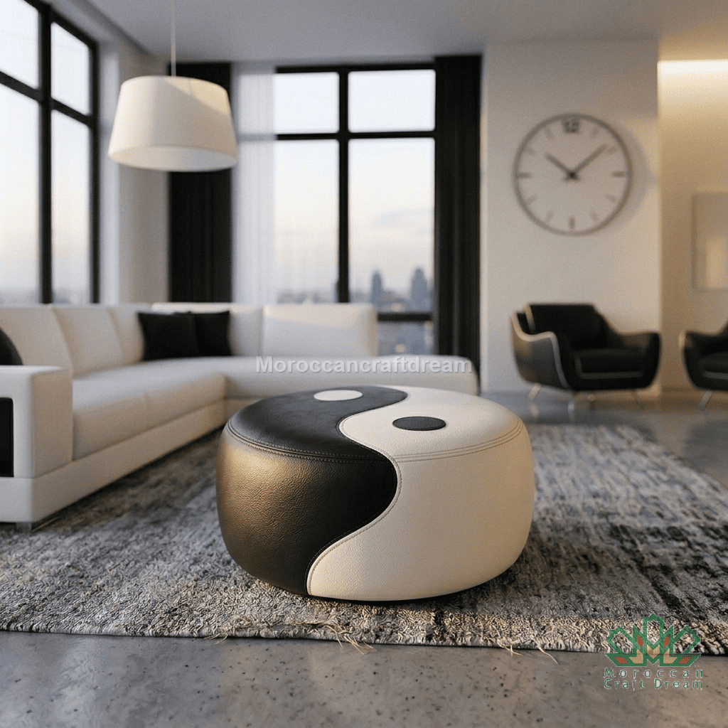 A modern round ottoman with a black and white yin-yang design, styled in a contemporary living room setting on a gray rug.
