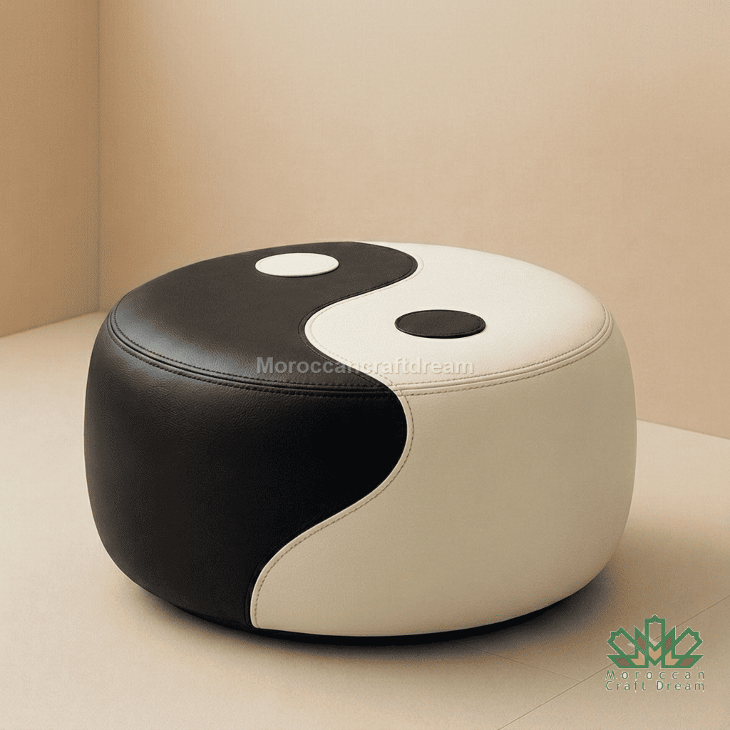 A round pouf ottoman upholstered in black and off-white leather with a yin-yang design, set against a neutral beige background.