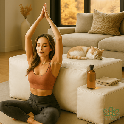 Woman practicing yoga in a living room with a cat and a bottle of oil on a table.