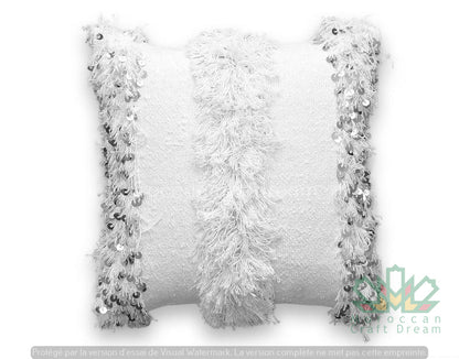 Moroccan Wedding Pillow Throw 40cm x 40cm, White Sequin Berber Cushion White