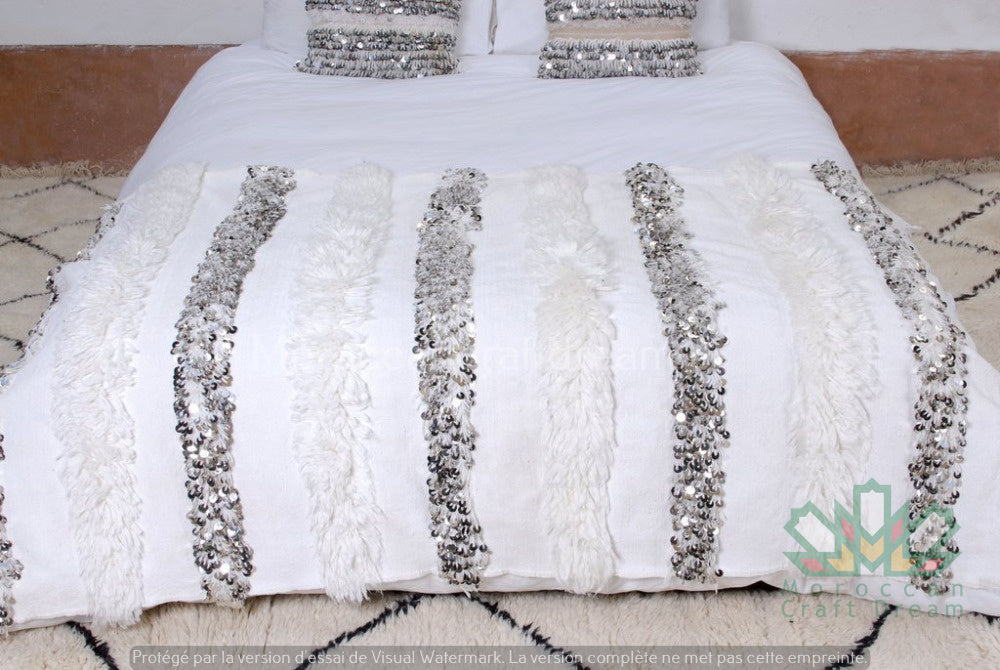 Couverture de mariage marocaine faite à la main Handira blanc avec paillettes métalliques HB1WH