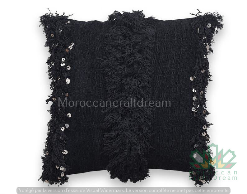 Moroccan Wedding Pillow Throw 40cm x 40cm, White Sequin Berber Cushion Black