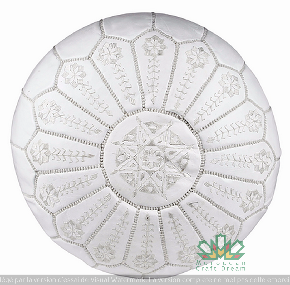 LUXURY LEATHER EMBROIDERED OTTOMAN WHITE WITH WHITE  STITCHING EP1WH