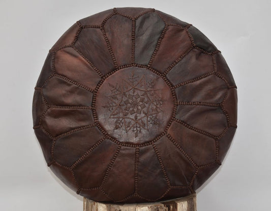 Pouf Ottoman en Cuir de Luxe Chocolat avec Coutures Chocolat RP2CH