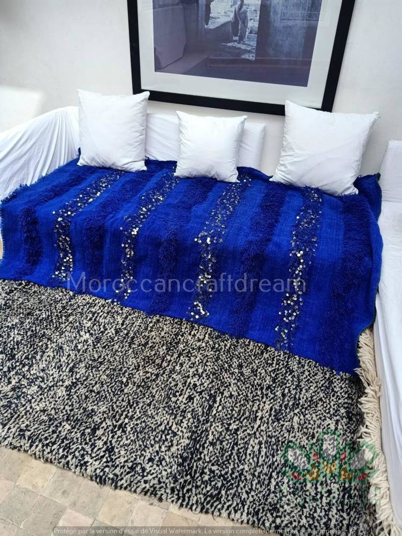Handmade Moroccan Wedding Blanket Handira BLUE HB1BL