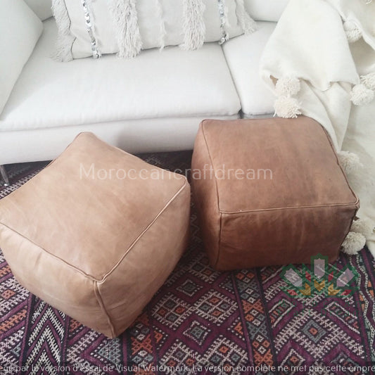 Set Of 2 Luxury Leather Square Ottoman Light & Dark Natural SP1NA SP 3NA