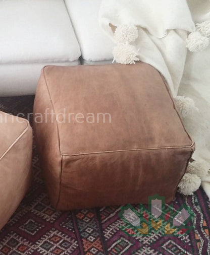 Luxury Leather Square Ottoman Dark Natural SP4NA (With Stitching)