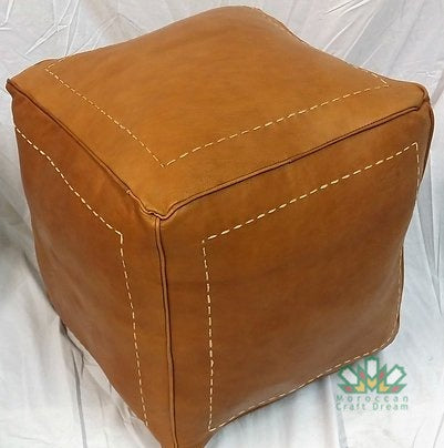 Luxury Leather Square Ottoman Light Caramel SP2CR (With Stitching)