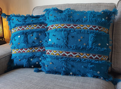 Couverture de mariage marocaine, oreiller Handira bleu