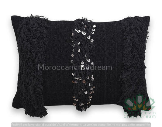 Moroccan Wedding Pillow Throw 60cm x 40cm, White Sequin Berber Cushion Black