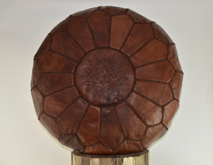 Extra Large Tan Round Luxury Leather Pouf With Brown Stitching LRP2ta