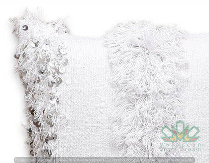 Moroccan Wedding Pillow Throw 60cm x 40cm, White Sequin Berber Cushion White 2
