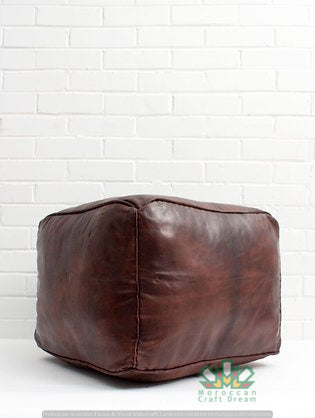 Set Of 2 Square Luxury Leather Poufs Chocolate SP3BR