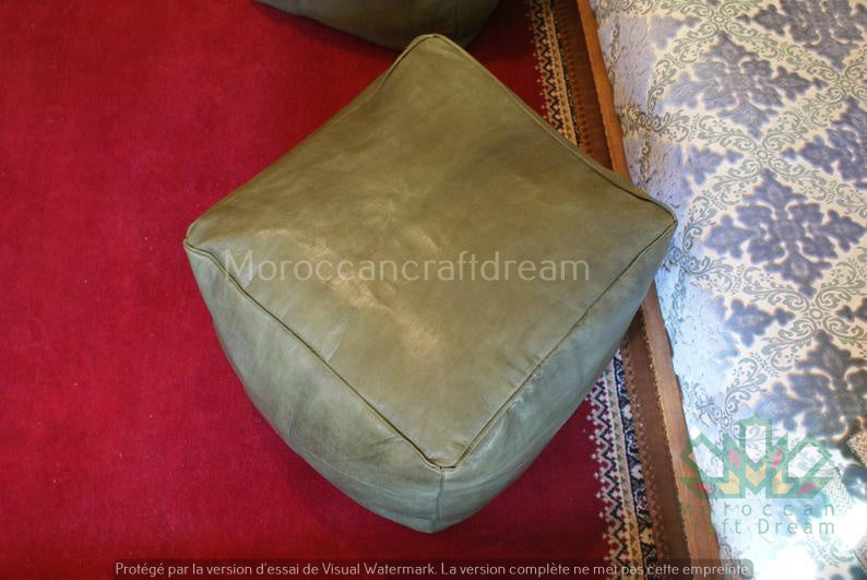 Luxury Leather Square Ottoman Olive SP1OL (Without Stitching)