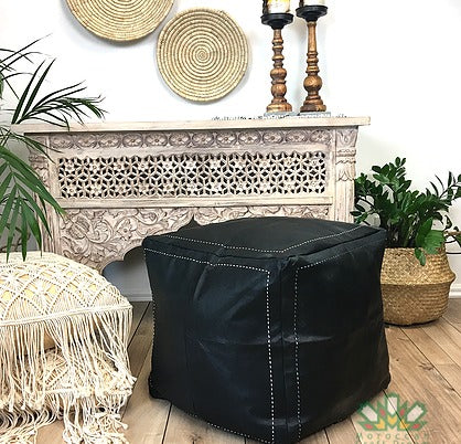 Luxury Leather Square Ottoman Black SP2BL (With Stitching)