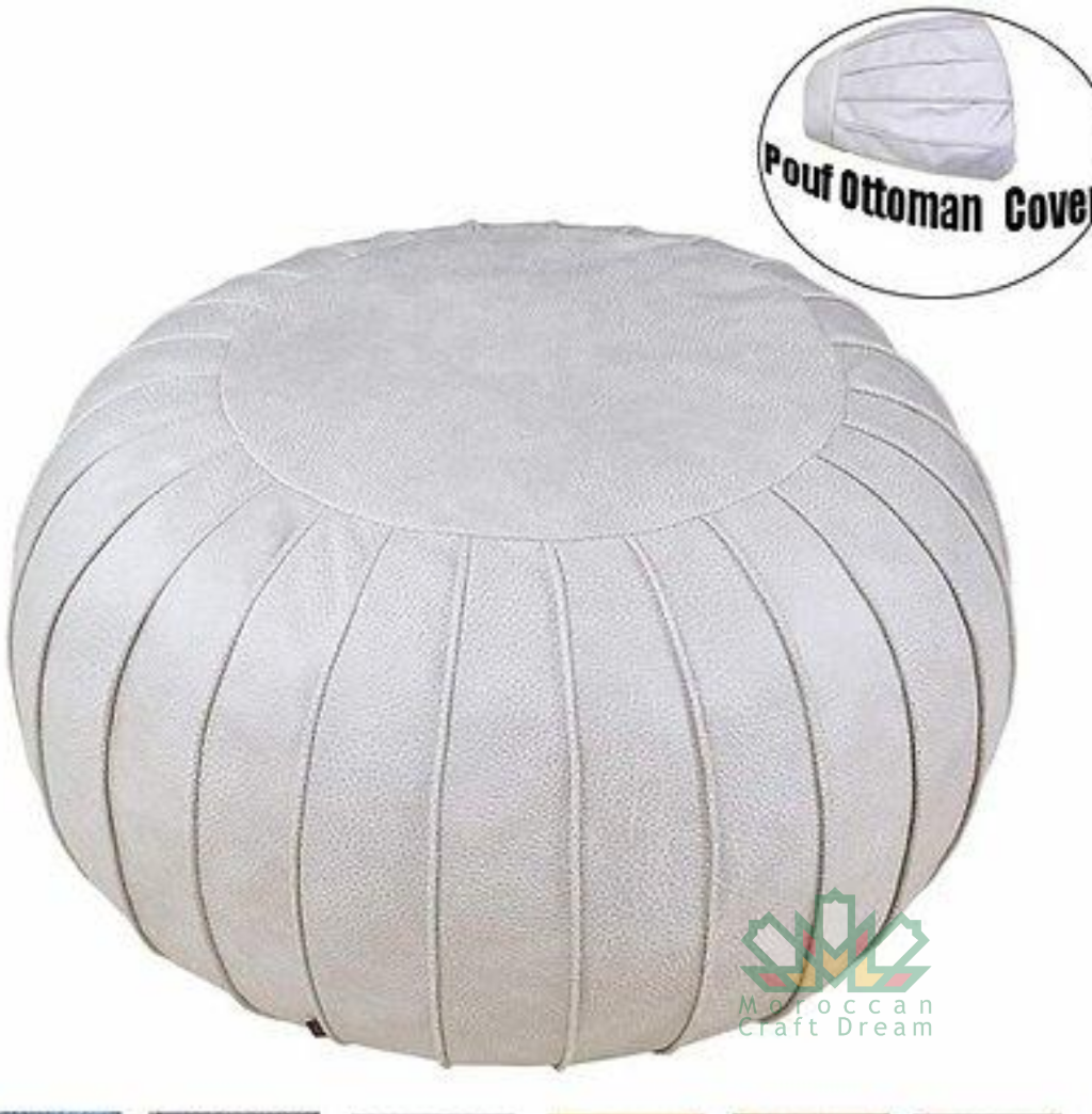 White Handcrafted Moroccan leather pouf for living room decor, blending comfort with authentic Moroccan style