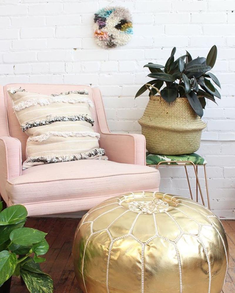 Gold Moroccan leather pouf ottoman by Moroccancraftdream, ideal for living room or bedroom decor.