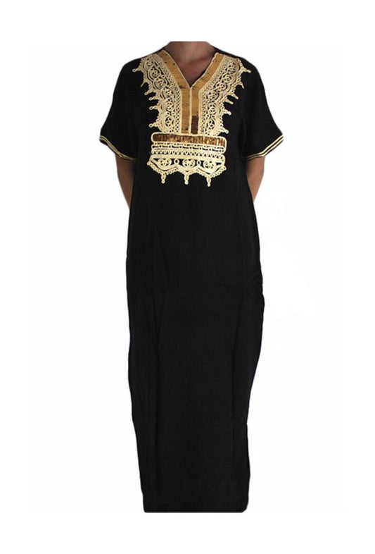 A long black kaftan with gold embroidery around the neckline and sleeves, designed in a flowy silhouette.