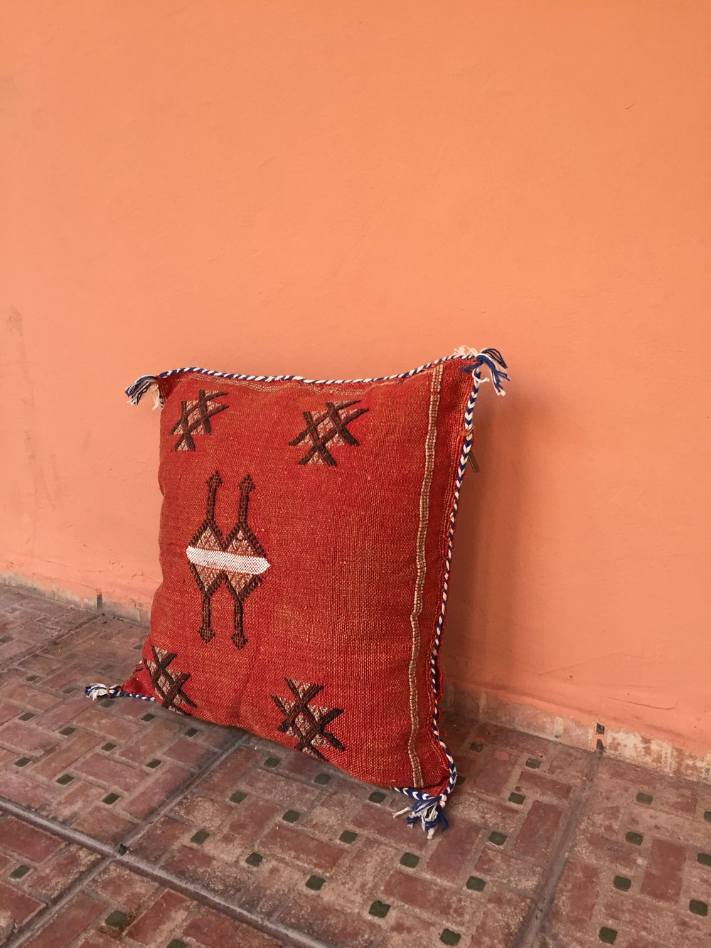 Authentic Moroccan Burundy pillow cover made by artisans with hand-stitching