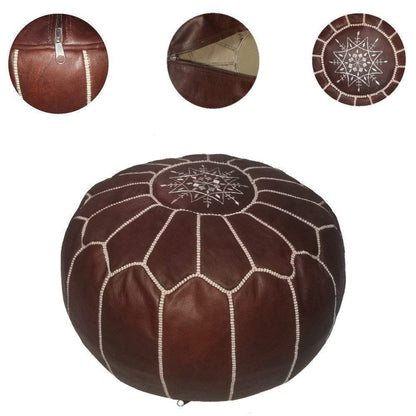 Round Moroccan leather poufs used as a coffee table, handcrafted with durable materials and traditional stitching in natural tones.