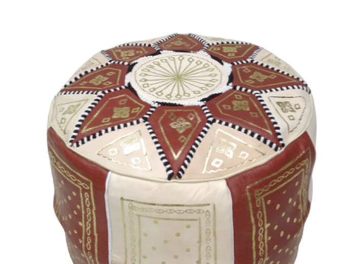 Handcrafted leather Moroccan poufs, ottomans and footstool in natural tones, featuring traditional stitching and soft, durable materials.