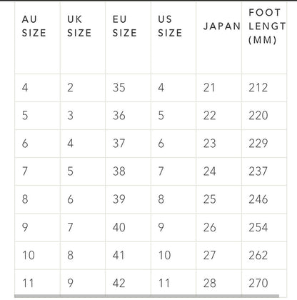 A shoe size conversion chart showing international sizing standards (AU, UK, EU, US, Japan) and corresponding foot lengths in millimeters (MM)