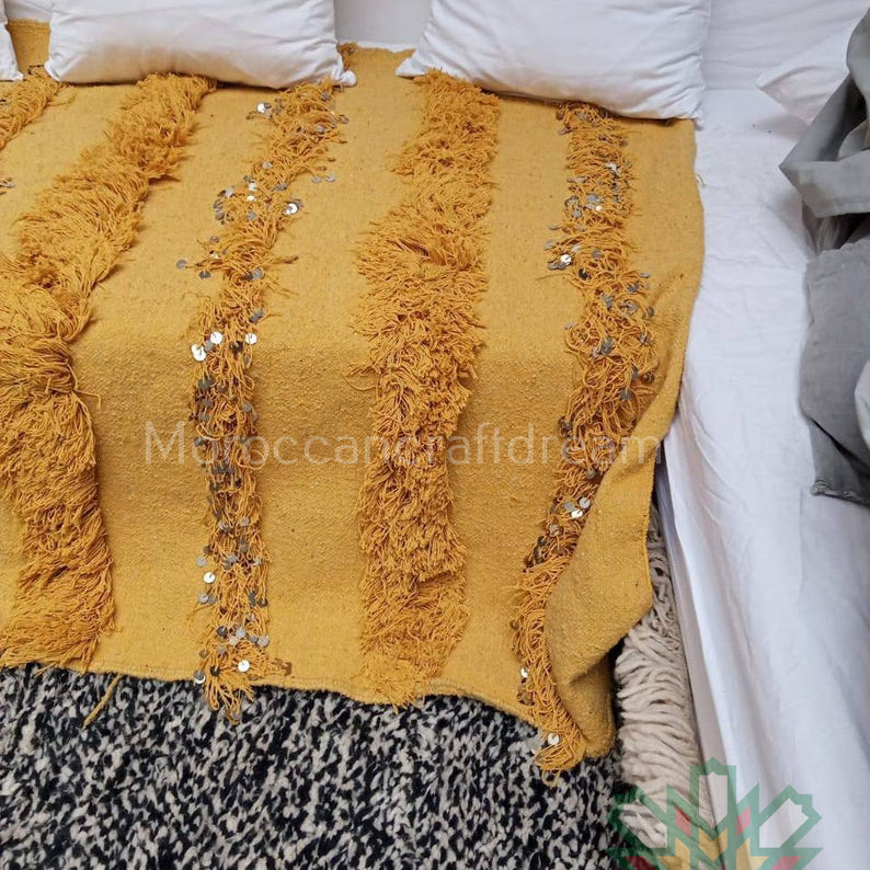 Handmade Moroccan Wedding Blanket Handira Yellow HB1YE