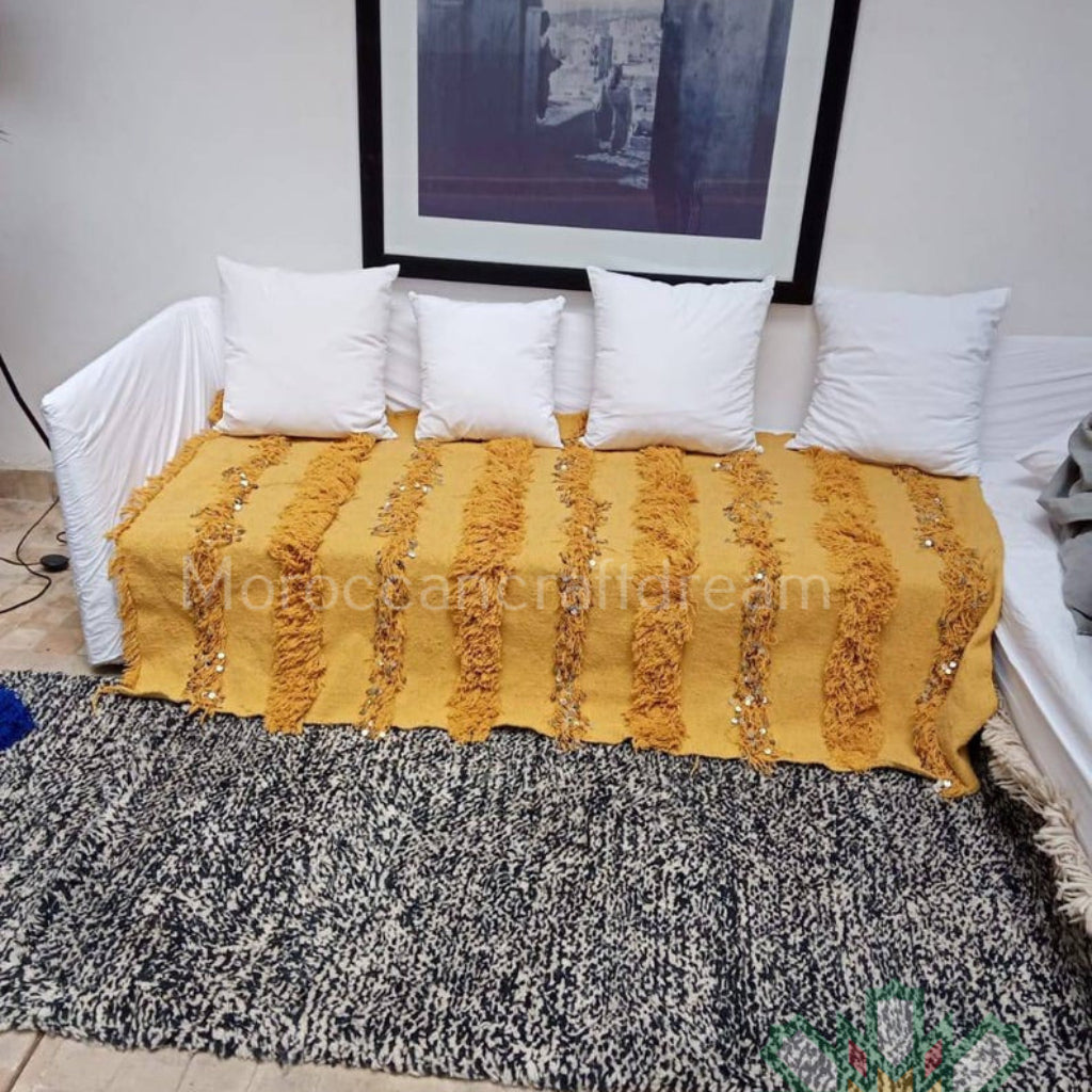 Handmade Moroccan Wedding Blanket Handira Yellow HB1YE2