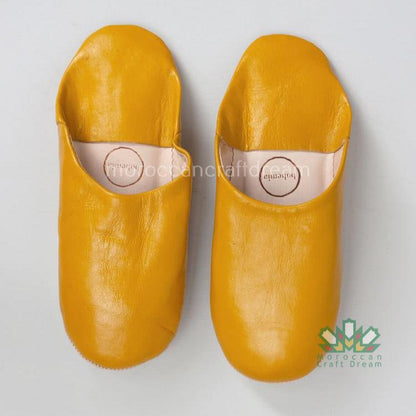 handmade leather slippers, marrakech moroccan craft, bohemian style, color mustard