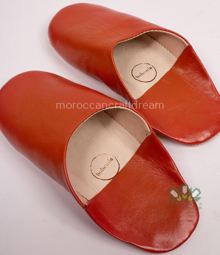 orange handmade leather slippers, marrakech moroccan craft, bohemian style