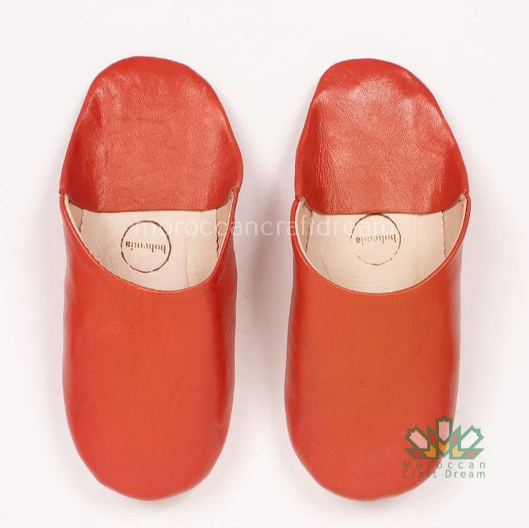 orange color handmade leather slippers, marrakech moroccan craft, bohemian style