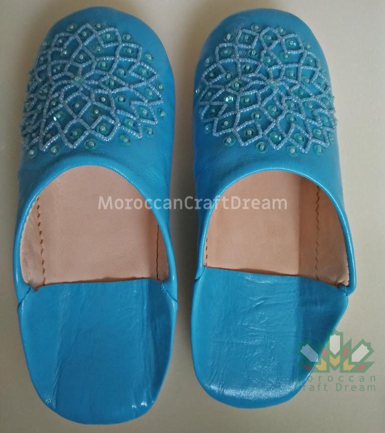 sky blue handmade leather slippers, marrakech moroccan craft, bohemian style