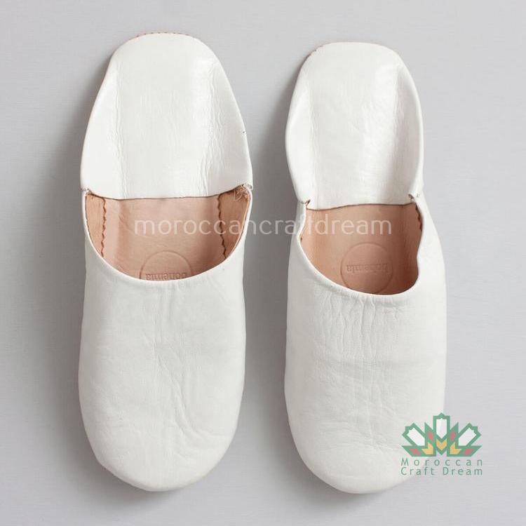 handmade leather slippers, marrakech moroccan craft, bohemian style white color