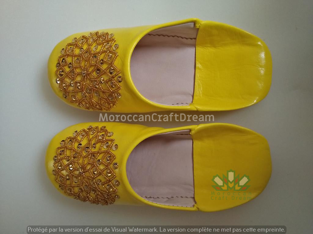 yellow handmade leather slippers, marrakech moroccan craft, bohemian style