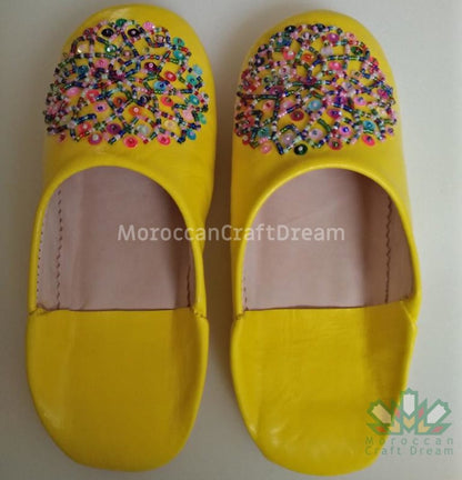 handmade leather slippers, marrakech moroccan craft, bohemian style yellow color